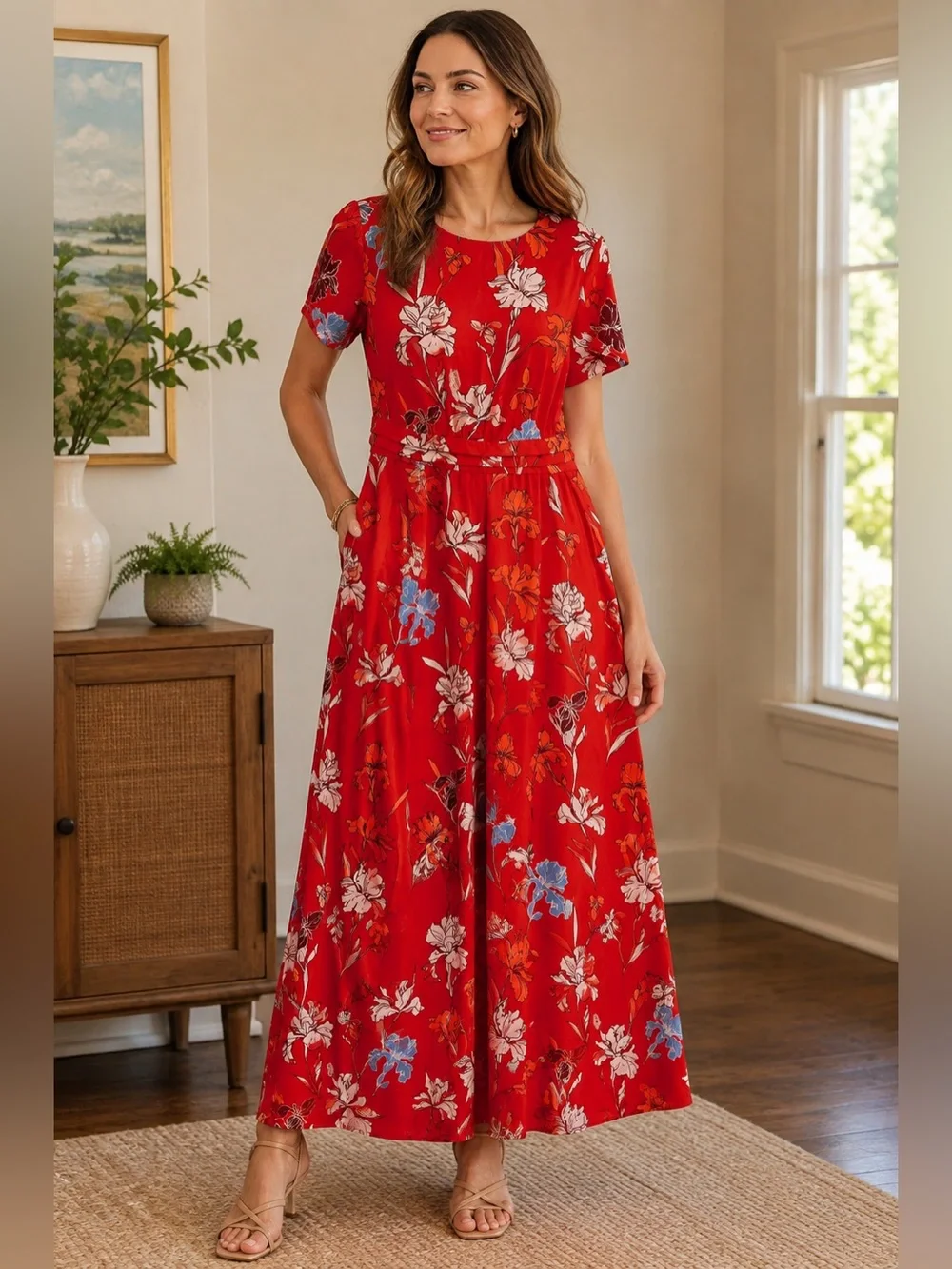 Red Floral Botanical Long Midi Dress Back Zipper eShakti Garden Party EUC #2748
